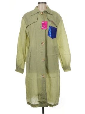 EBARRITO Crepe Trench Coat w Leather Detail in Green Made in Italy Medium NWT